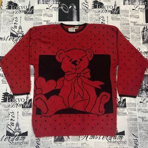 Stefano Women's Red and Black oversizedsweatshirt sweater teddy bear vintgae 80s